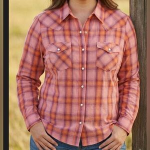 Wrangler Western Pearl Snap Plaid Shirt Pink Orange Size Large